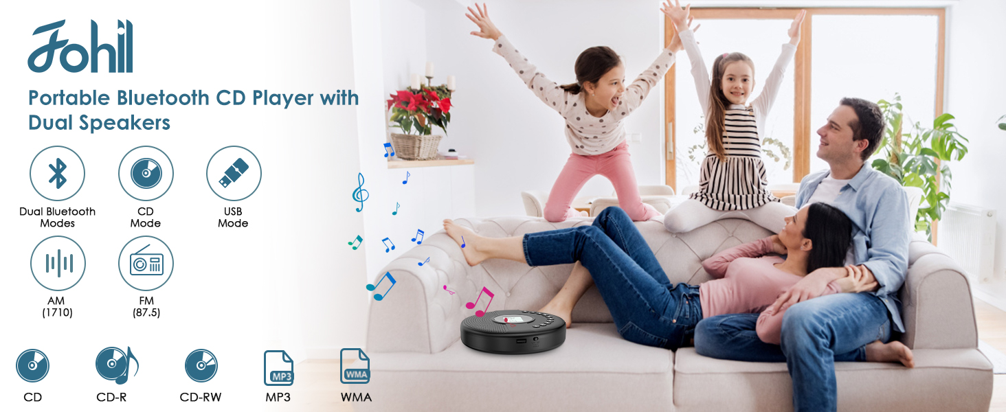 Fohil CD Player Portable, Walkman Bluetooth CD Player with Dual Speaker