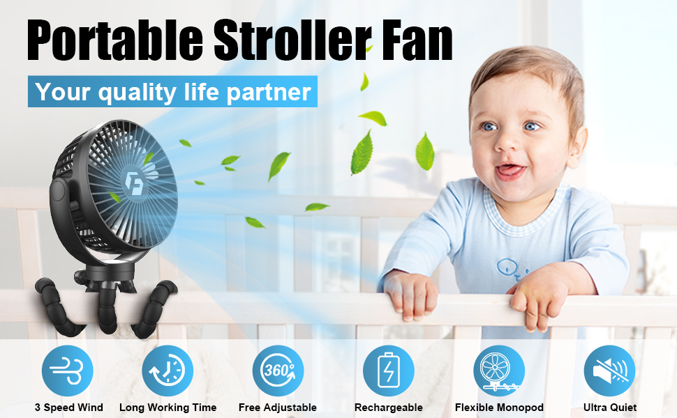 Stroller Fan, 12000mAh Rechargeable Fan Portable, Battery