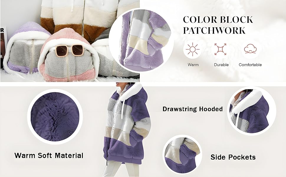 Le texte indique « COLOR BLOCK PATCHWORK » et « Poches latérales », « Drawstring Hooded », « Warm Soft Material ». Présentation détaillée du produit montrant les différentes caractéristiques d'un vêtement à capuche dans des blocs de couleur gris et blanc.