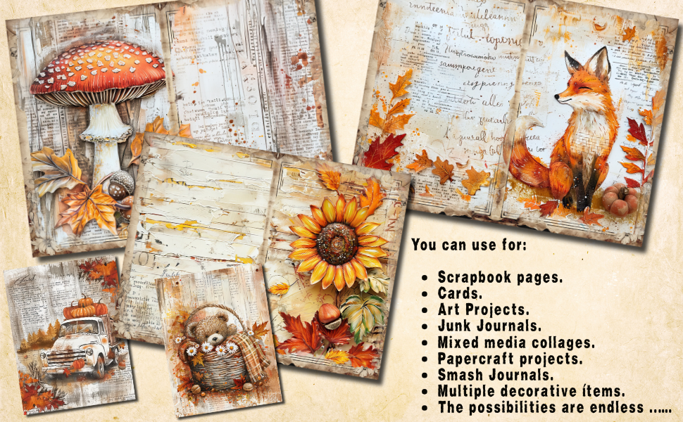 Vintage Fall Junk Journal Pages: One-Sided Decorative Paper