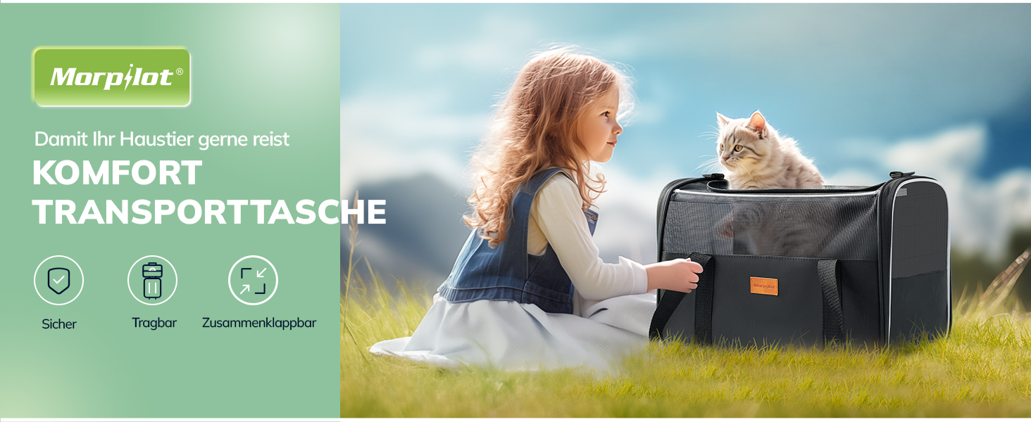Dunkelgraue Tragetasche für Haustiere mit Netzeinsätzen und Lederakzenten. Wird im Freien mit einer Katze im Inneren gezeigt. Verfügt über ein sicheres, faltbares und atmungsaktives Design für einen bequemen Tiertransport