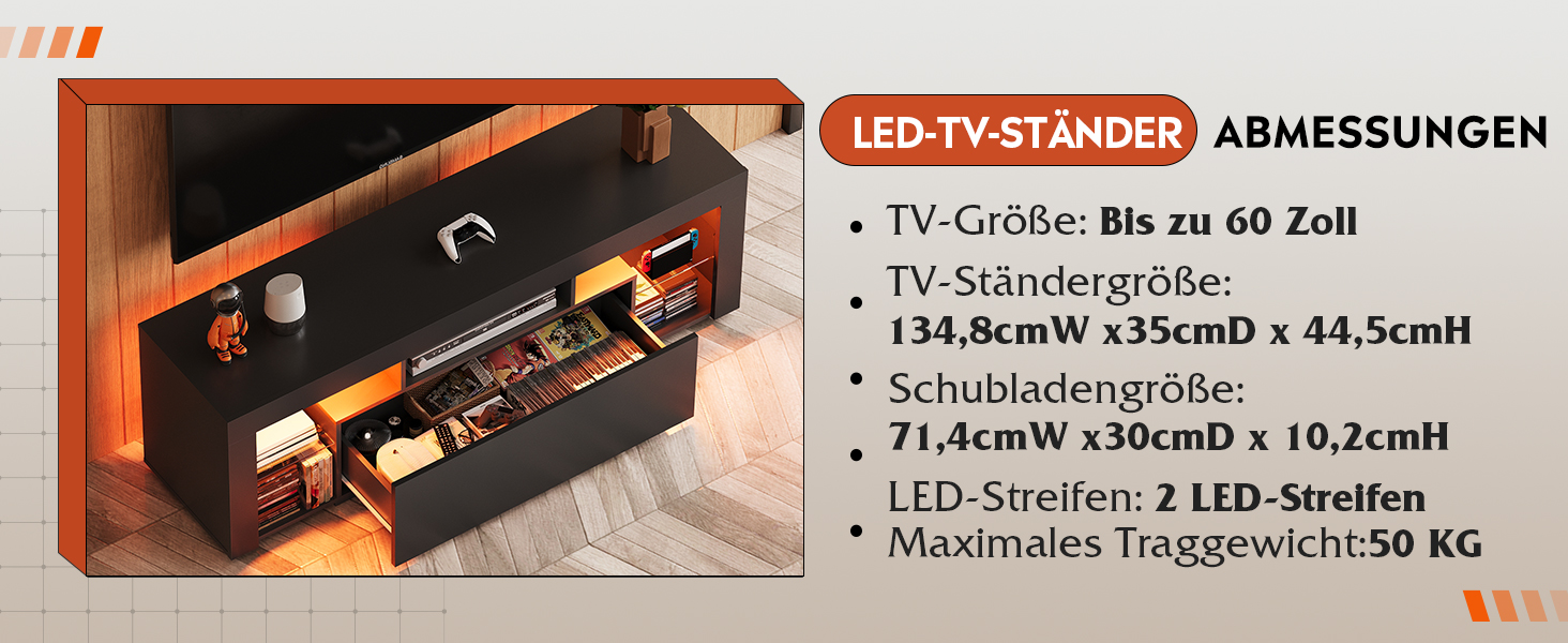 Der Text lautet „LED-TV-STÄNDER ABMESSUNGEN“ mit Produktspezifikationen wie TV-Größe bis zu 60 Zoll und einem Maximalgewicht von 50 kg. Zeigt schwarze Bauteile für den TV-Ständer.