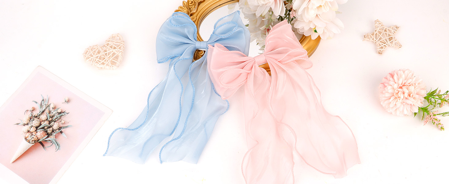 Ribbon Bow Hair Clips(Blue and Pink)