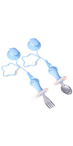 Toddler Fork and Spoon Set with Anti-Dropping Chain and Suction Designed