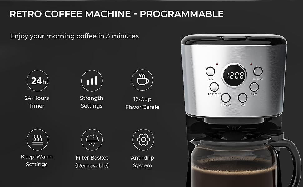 SIMOE Programmable Coffee Maker, 12Cup Coffee Machine with
