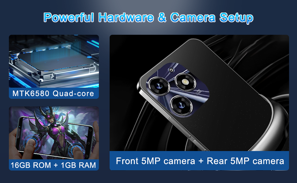 MTK6580 Quad-core;16GB ROM + 1GB RAM;Front 5MP camera + Rear 5MP camera