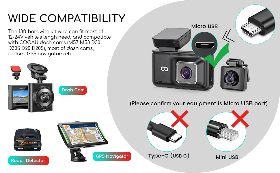 Dash Cam Hardwire Kit Micro 13ft Micro USB Ports Dashcam Hard Wire