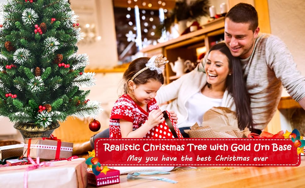 Text reads 'Romantic Christmas Tree with Gold DIY Base'. Multiple images showing decorated Christmas tree and holiday decorating activities.