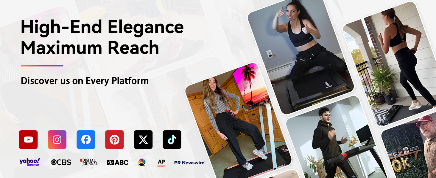 Collage of fitness-related images showing people in athletic wear exercising. Includes social media icons and text 'High-End Elegance Maximum Reach' and 'Discover us on Every Platform'.
