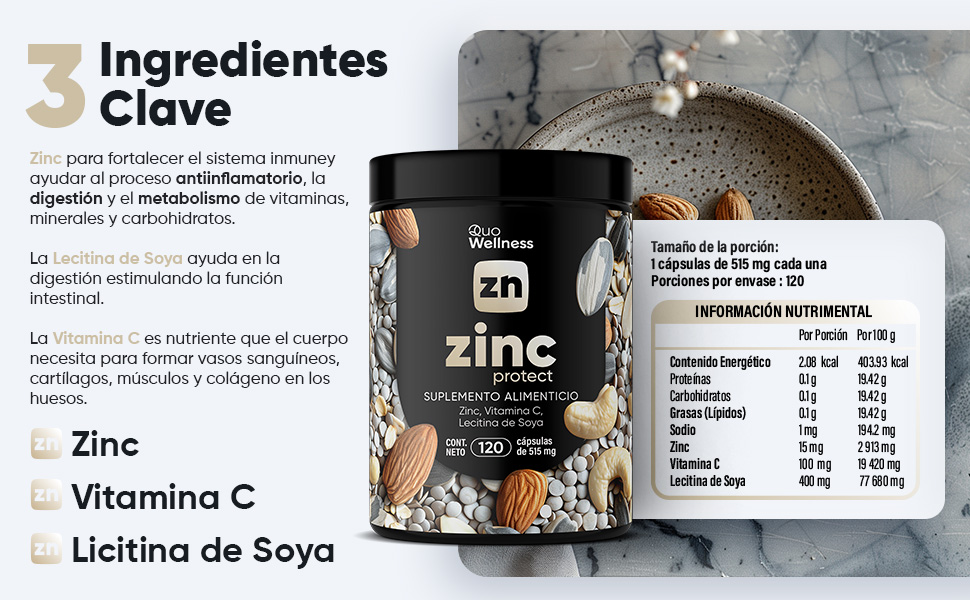 Ingrendientes zinc protect, vitamina c, liticina de soya