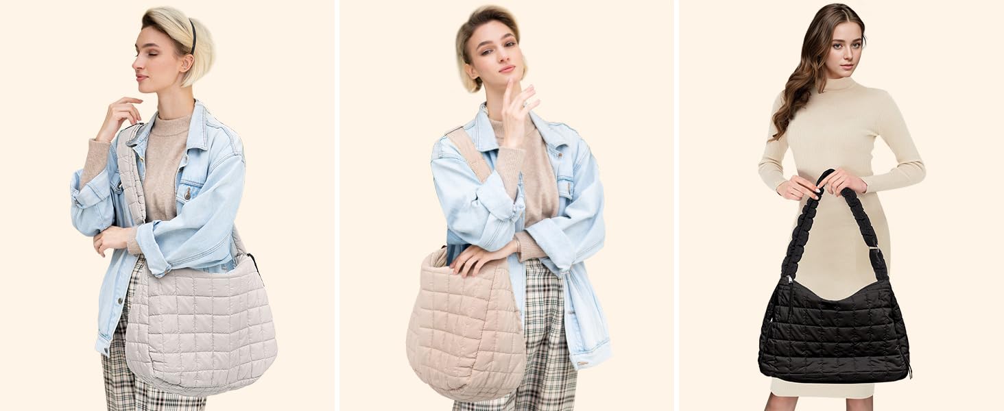 Quilted Puffer Tote Bag Adjustable Shoulder Strap NylonTote Bag Trendy