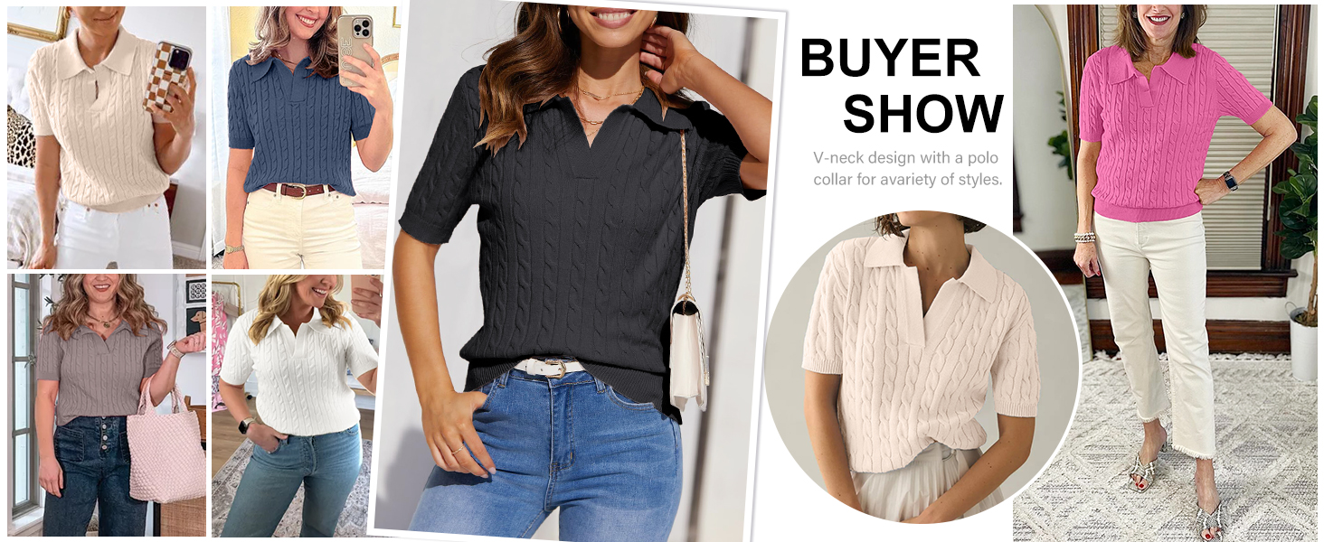 Women's Short Sleeve Sweaters Tops Polo V Neck Cable Knit Casual Soft Pullover Shirts 2025 Summer