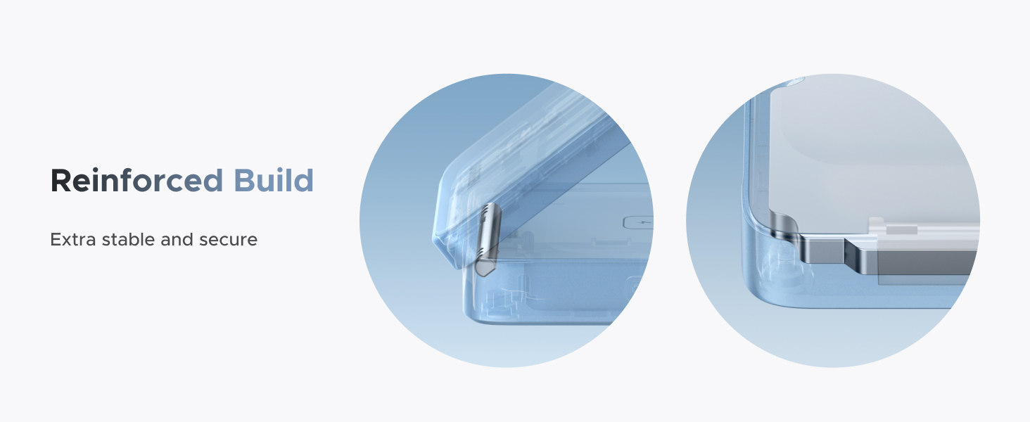 Text reads 'Reinforced Build' with technical diagrams showing secure mounting details for a wall installation system.