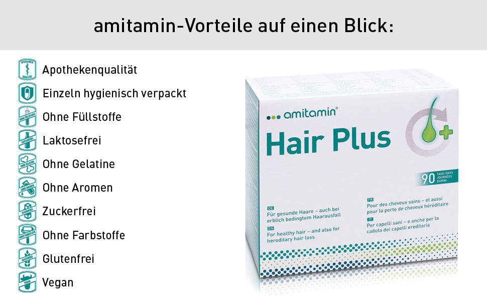 amitamin Hair Plus Haar Vitamine 180 Kapseln3 Monate, auch bei erblichem Haarausfall, mit