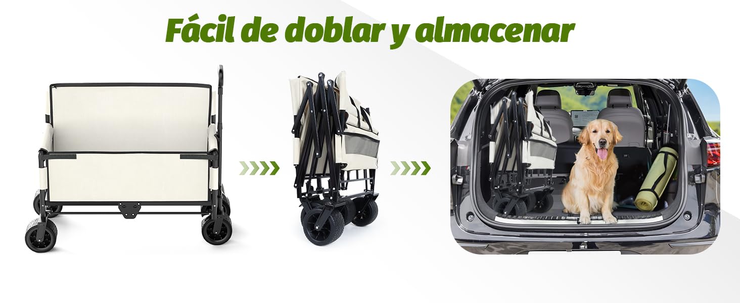 Foldable pet barrier for car trunk, shown in three stages: unfolded frame, compact folded form, and installed in vehicle with dog behind it.
