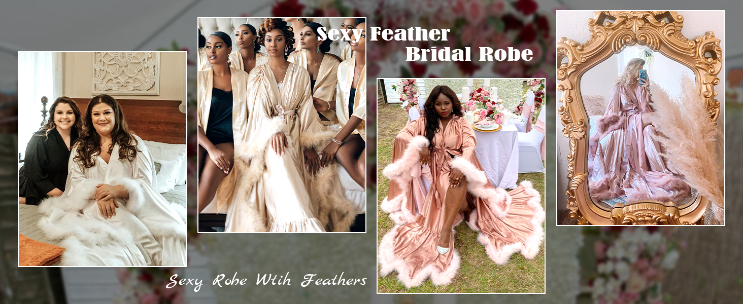 Womens Sexy Feather Bridal Robes Silk Satin Maternity Robes for