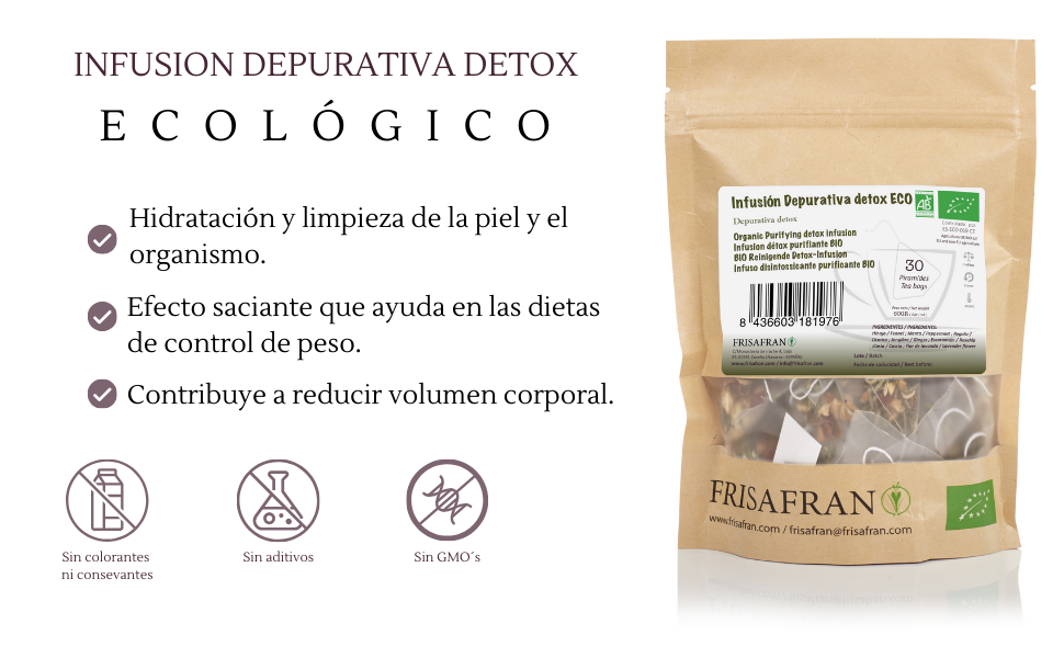 . Paquete de papel marrón con información del producto en español. Iconos que indican los beneficios y las instrucciones de uso.