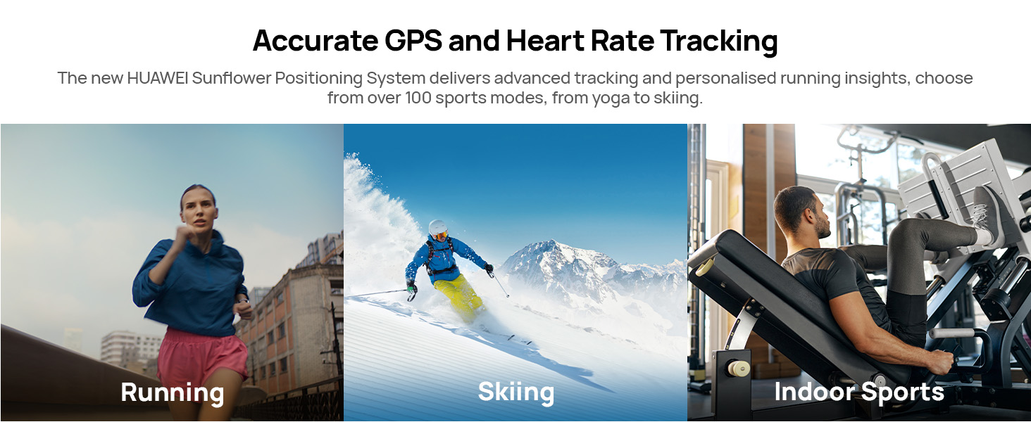 Text reads 'Accurate GPS and Heart Rate Tracking'. Series of fitness activity images showing running, skiing, and indoor sports activities with tracking interface.