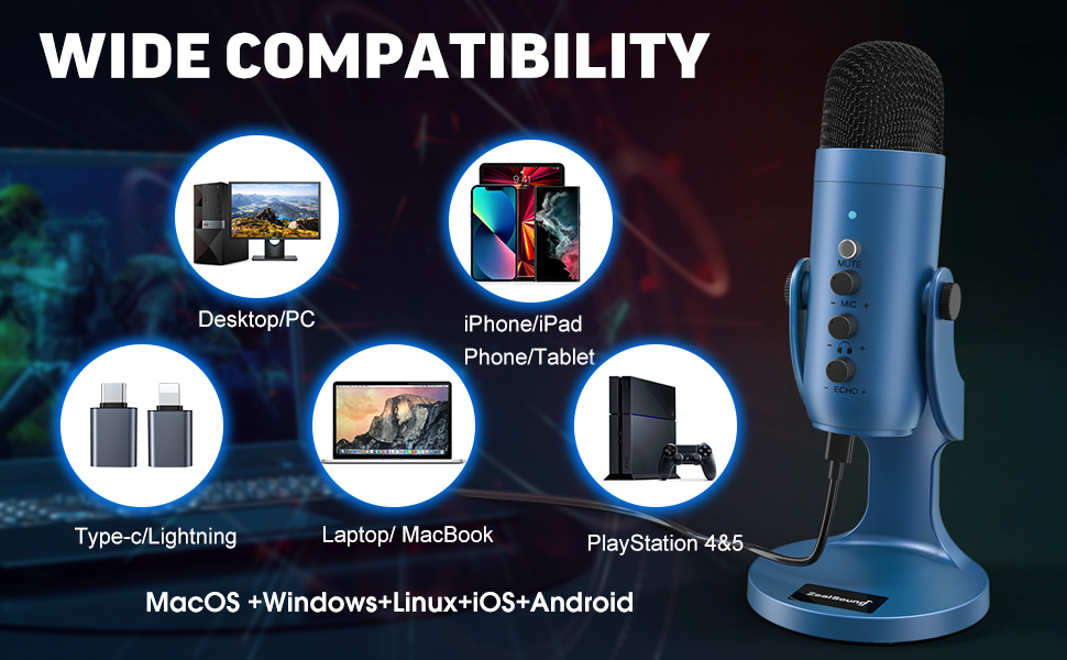 ZealSound USB Microphone,Condenser Gaming Mic for PC/Laptop/Phone/PS4/5