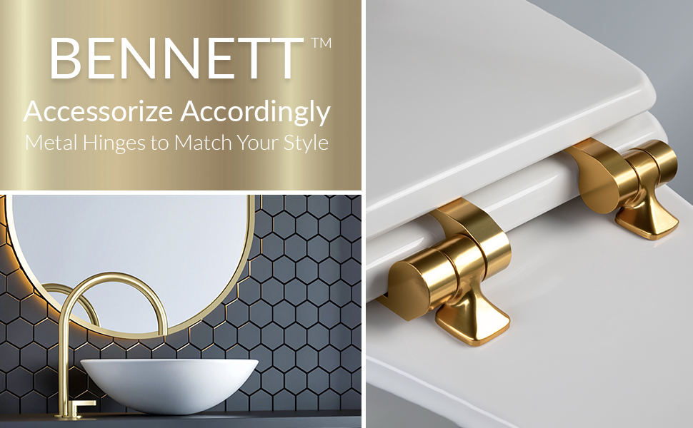Mayfair Bennett Toilet Seat with Brushed Gold Hinges, Slow