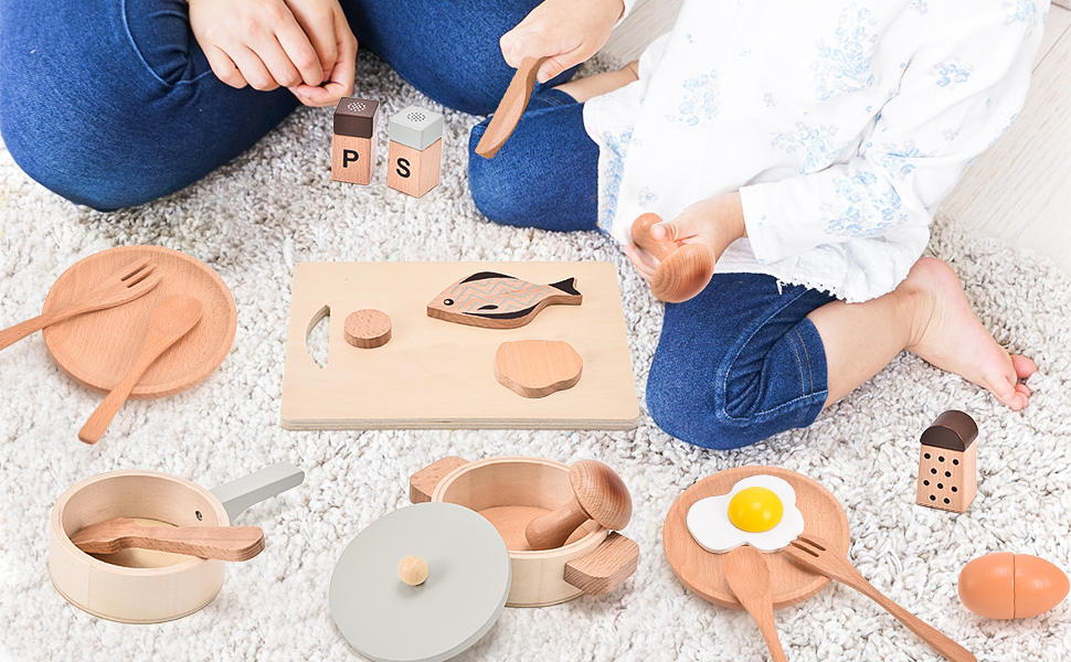 Atoylink Play Kitchen Accessories Wooden Toys Pots and Pans for Kids 23Pcs