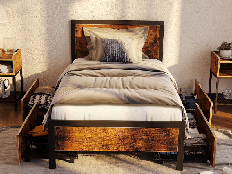 Rolanstar Bed Frame, Queen Size Bed Frame with 4 Drawers