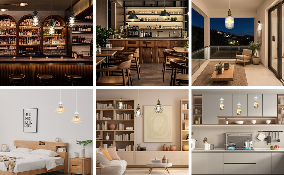 Collage of interior design spaces showing restaurant, living room, and kitchen areas with modern furniture and lighting