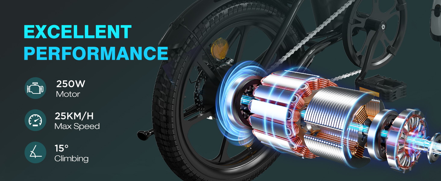 Electric bike motor cutaway showing internal components. Text highlights 250W motor power, 25KM/H max speed, and 15° climbing ability. Blue glow emphasizes performance.