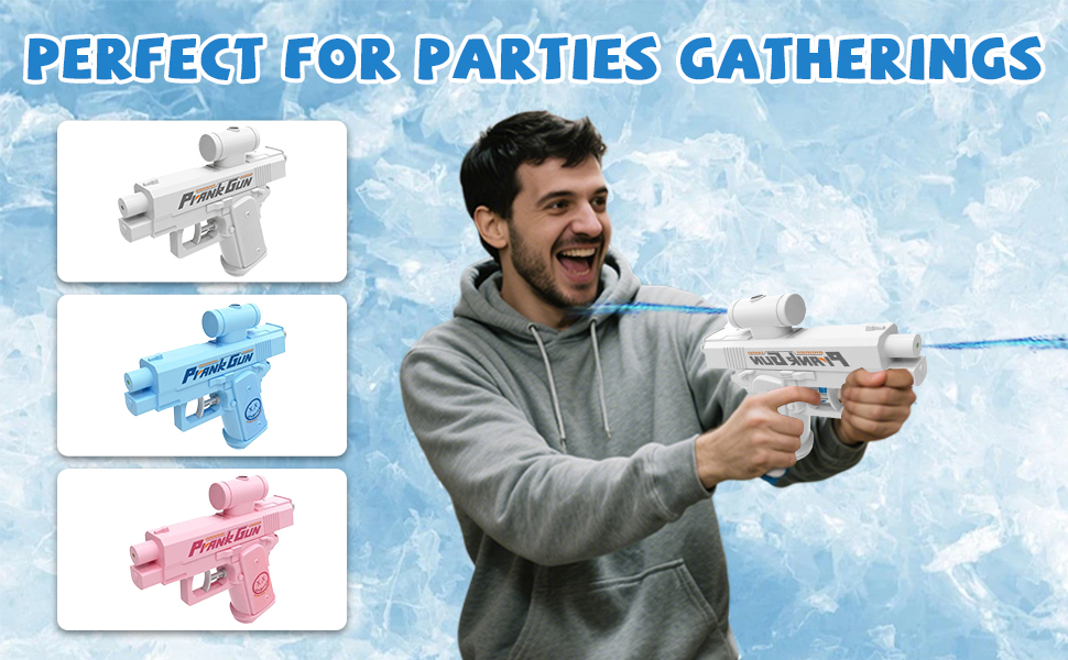 Le texte indique « PARFAIT POUR LES FÊTES ET LES RASSEMBLEMENTS » avec trois pistolets miniatures illustrés en blanc, bleu et rose. La publicité montre une personne portant un sweat à capuche gris faisant la démonstration du produit.