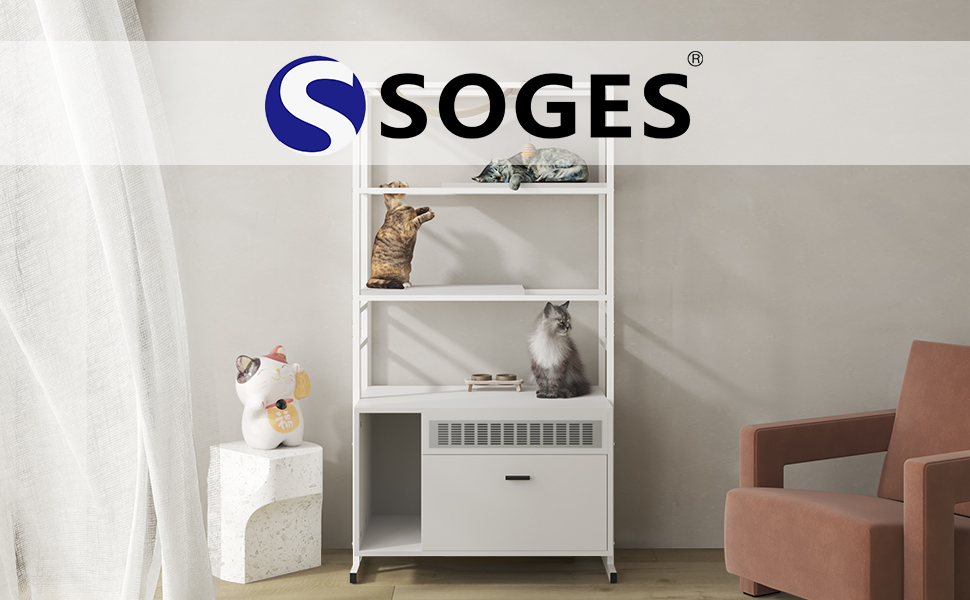soges Cat Tree, White Cat Tree with Cat Litter Box