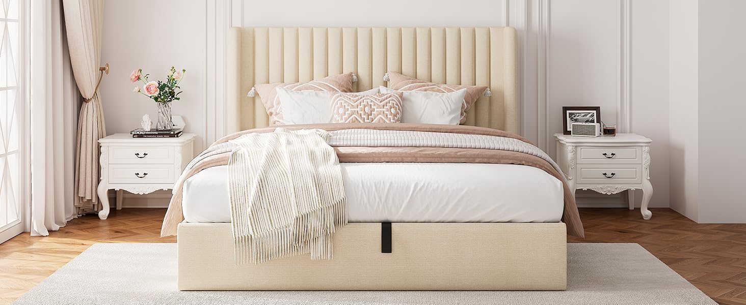 queen size lift up storage bed frame with fluted wingback heardboard beige
