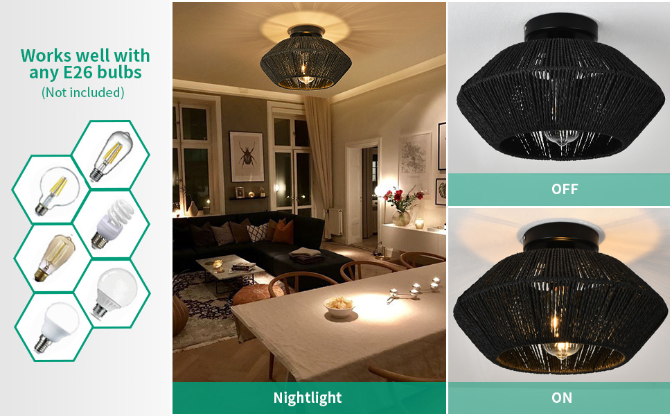 Black Rattan Flush Mount Ceiling Light Boho Wicker Light Fixtures
