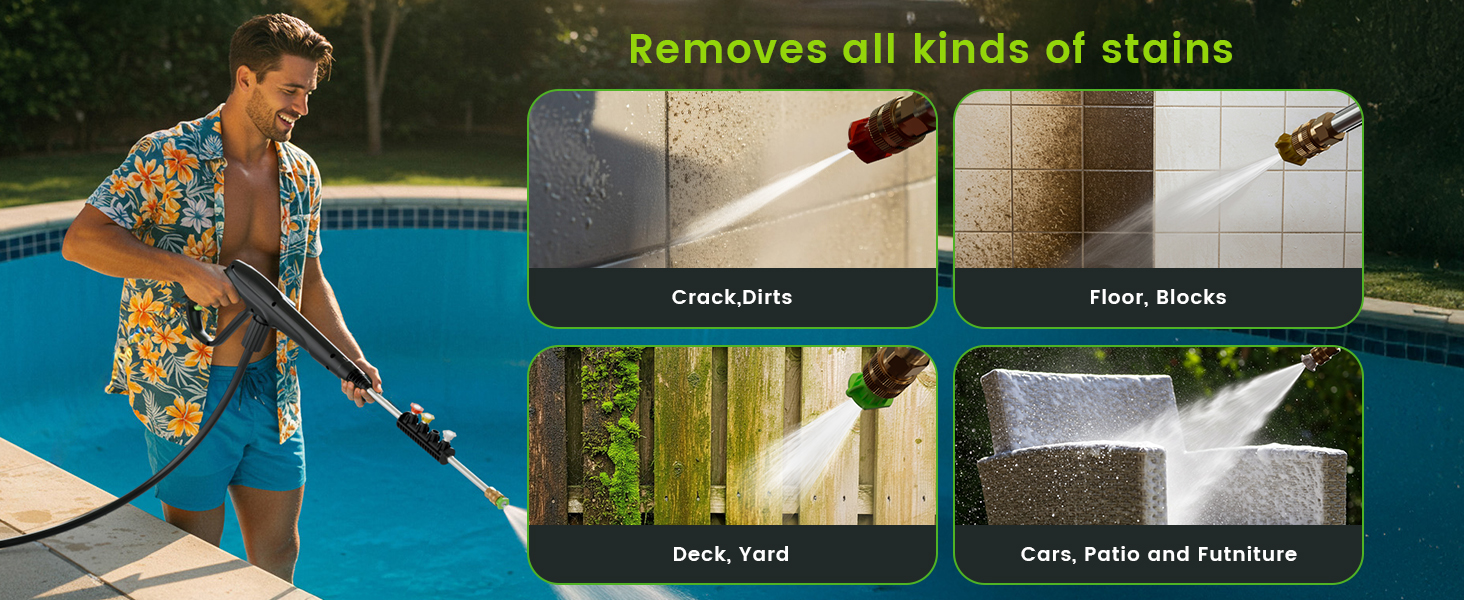 Pressure washer demonstration with four panels showing cleaning of cracks, floor, deck, and patio furniture. Text reads 