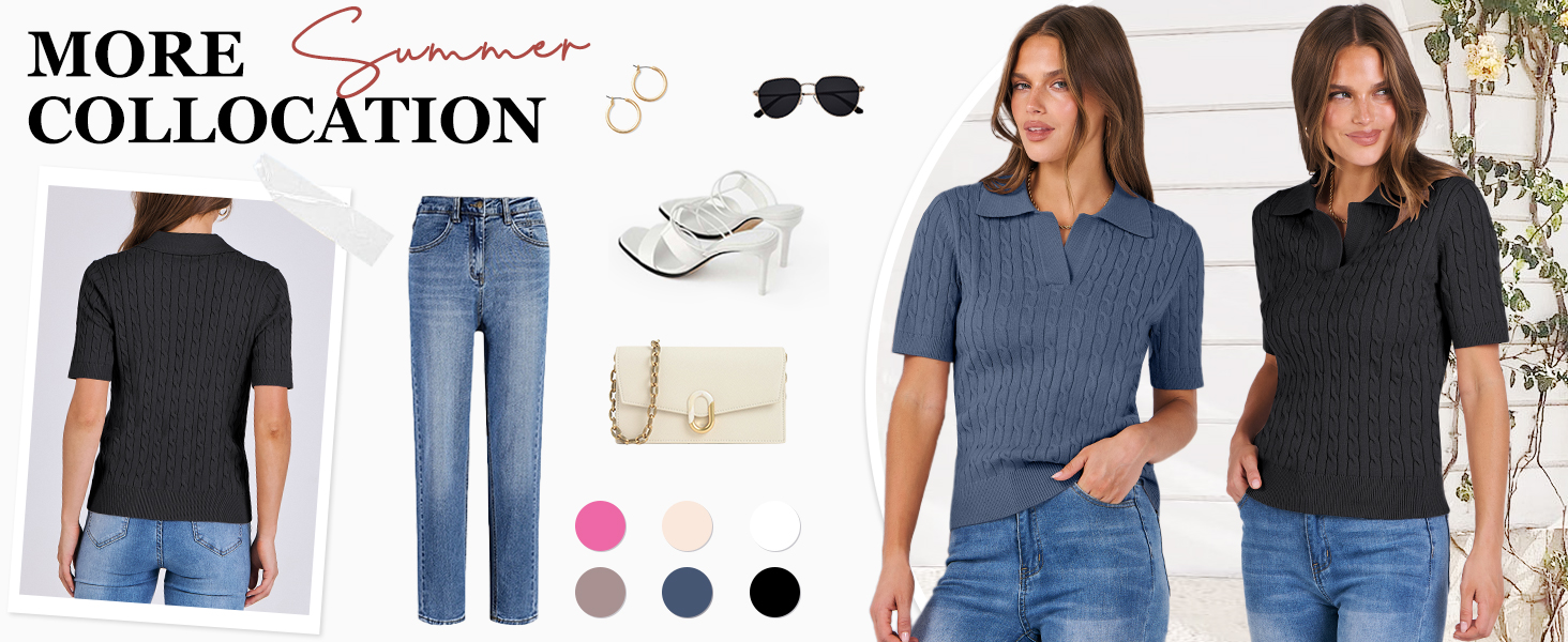 Women's Short Sleeve Sweaters Tops Polo V Neck Cable Knit Casual Soft Pullover Shirts 2025 Summer