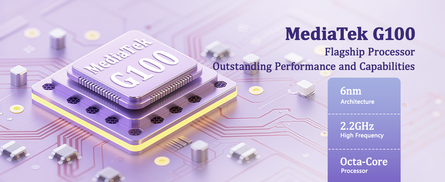 Text reads 'MediaTek G100 Flagship Processor', 'Outstanding Performance and Capabilities', '2.2GHz'. Purple-tinted promotional image showing computer processor chip with technical illustrations.
