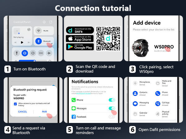 Text reads 'Connection tutorial'. Step-by-step mobile app setup screens showing Bluetooth pairing process with QR codes and interface elements.
