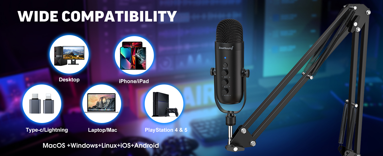 ZeaLSound Gaming Microphone Kit,Podcast Condenser USB Mic with Boom Arm