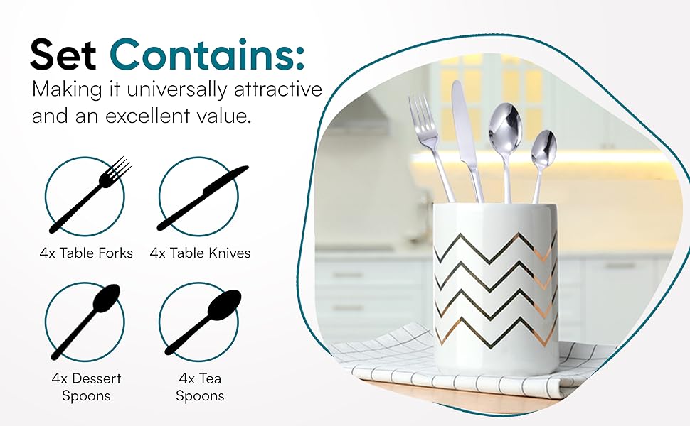 Set contains 4x table forks table knives dessert spoons teaspoons