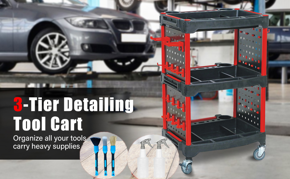 Auto Detailing Tool Cart with 4 Tool Hanging Board Spray Bottles Brush