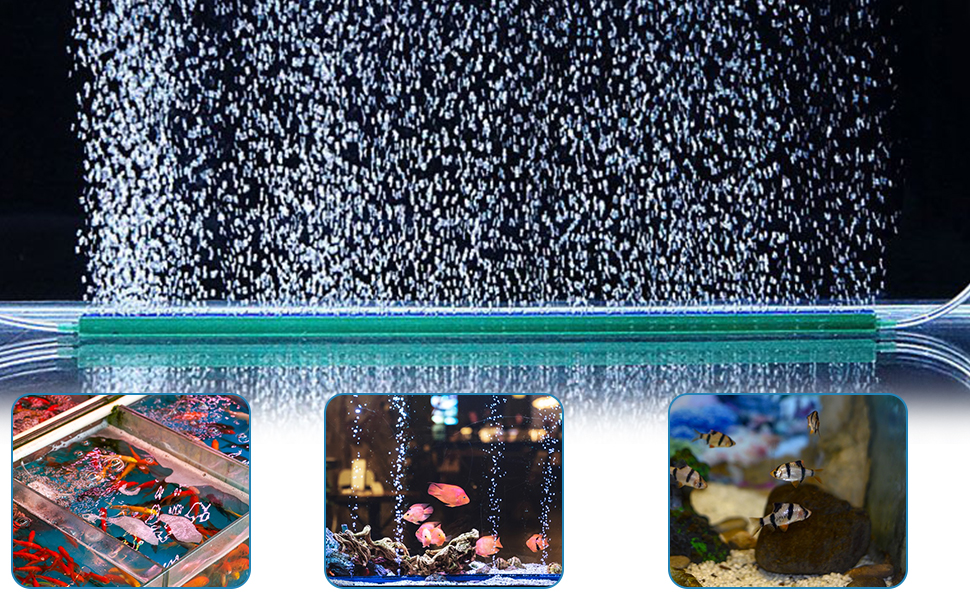Aquarium-Luftschleier erzeugt Blasenwandeffekt, darunter drei kleinere Bilder, die LED-beleuchtete Aquarienszenen zeigen.