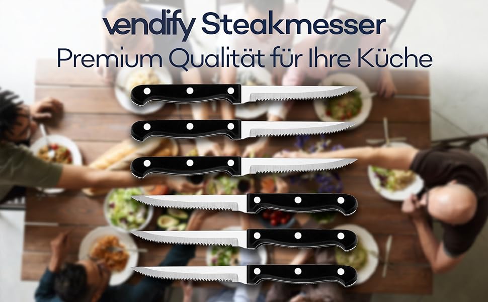 vendify® Steakmesser Set 6teilig Hochwertig Sehr Scharf Brotmesser