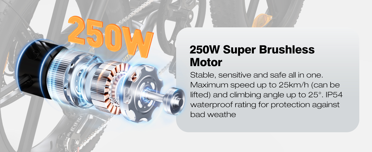 250W super brushless motor component diagram showing internal metal parts and mechanical assembly with technical specifications text.