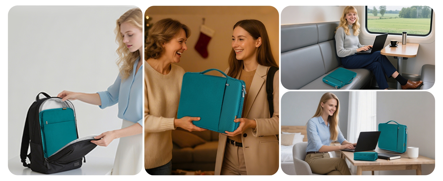 Multiple views of hands holding and interacting with a teal-colored device or product from different angles against white backgrounds.