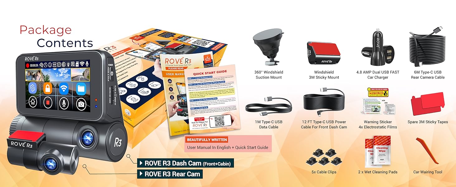 rove r3 dash cam with car charger, suction mount, sticky mount, data cable, power cable, usb c