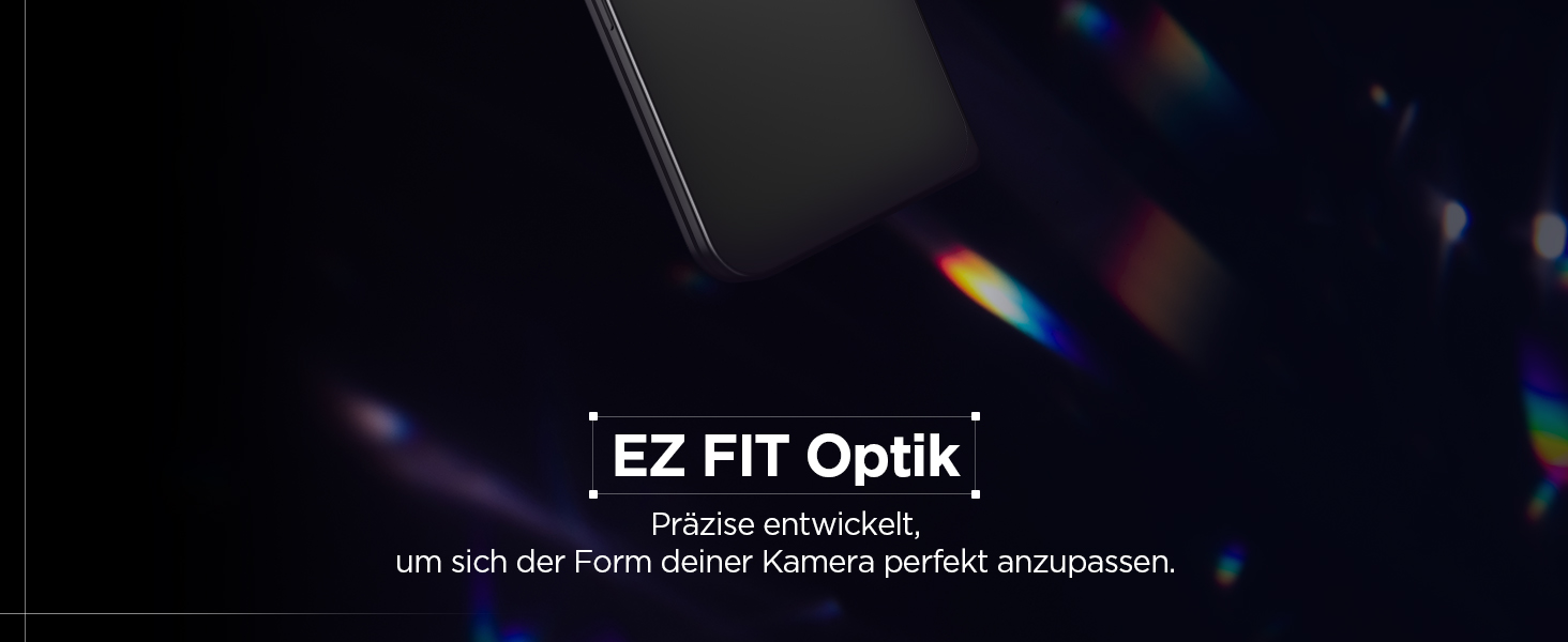Der Text lautet 'EZ FIT Optik'. Dunkles Werbebild mit Blendeneffekten, das eine Teilansicht eines scheinbar mit Brillen verbundenen Produkts zeigt.
