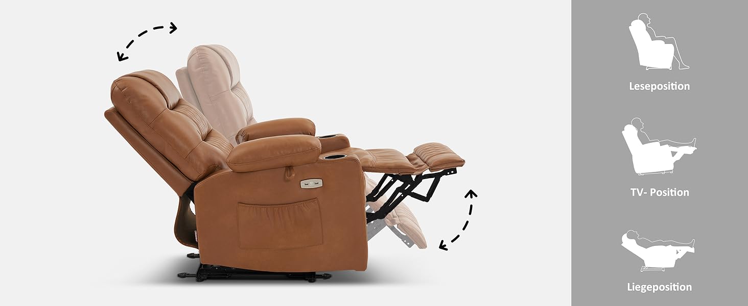 Brauner Relaxsessel, dargestellt in drei Positionen: aufrecht, TV-Lehne und volle Rückenlehne. Diagramme veranschaulichen jede Position