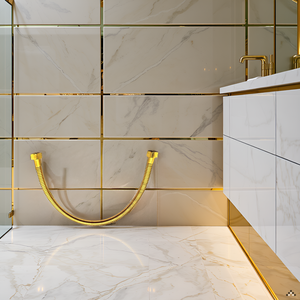 Um luxuoso ambiente de banheiro com uma torneira dourada e azulejos brilhantes, mostrando o produto em um