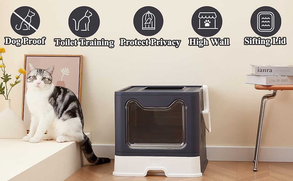 Vealind Foldable Cat Litter Box with Lid Front Entry & Top Exit XXL