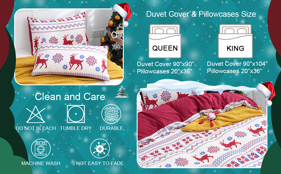 Christmas Duvet Cover Set Queen Size,3PCs Red Santa Claus
