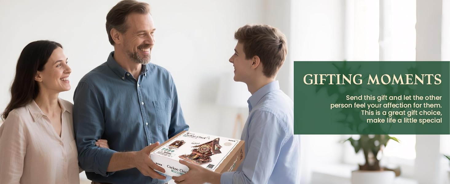 Text reads 'GIFTING MOMENTS'. Three people in casual attire engaged in conversation in a bright indoor setting.